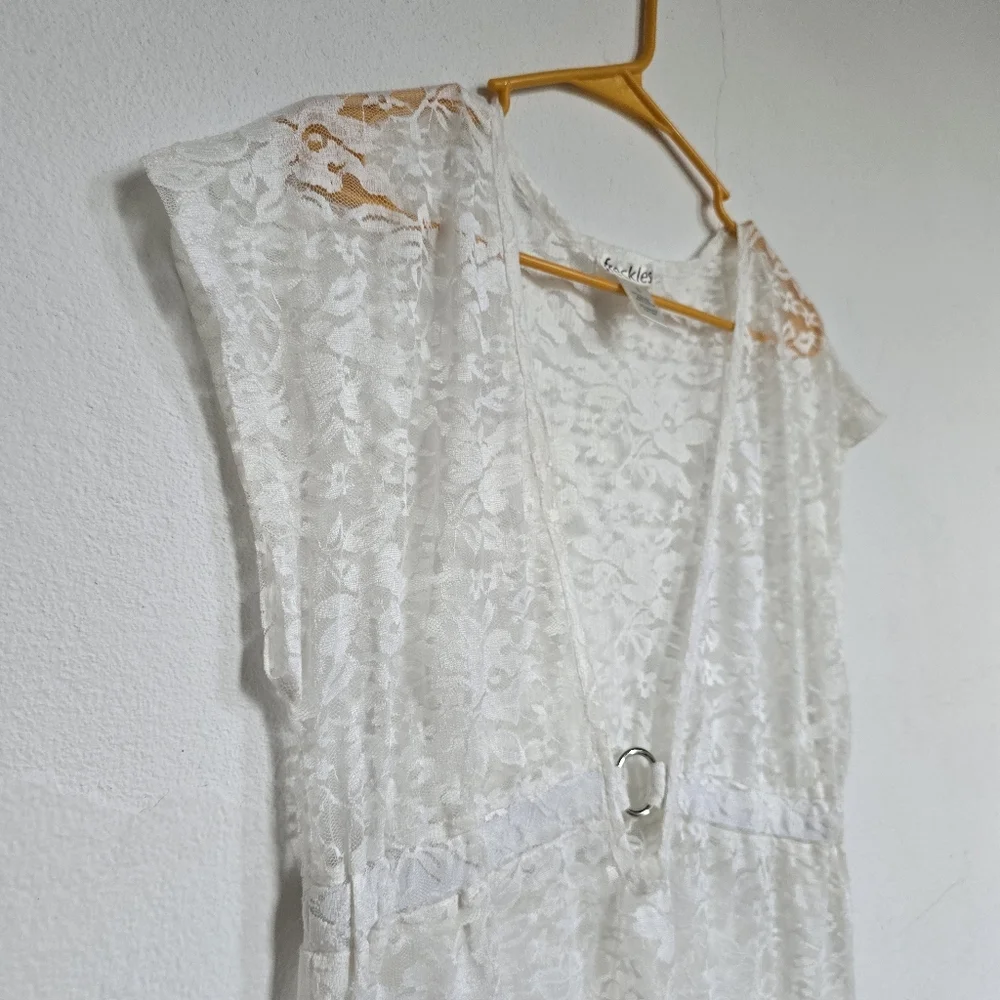 Freckles White Lace Mini Dress Large Boho Cottagecore Beach Cover Up